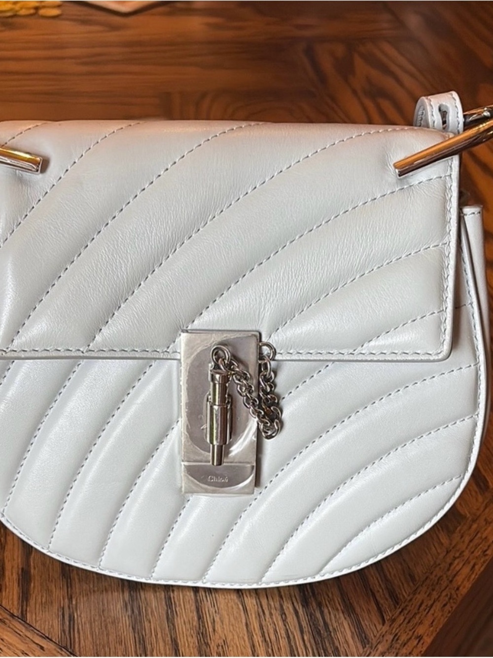 Chloé Drew Light Blue Quilted Leather Crossbody with Chain Lock